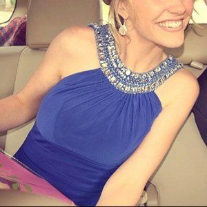 Blue rhinestone collared prom dress